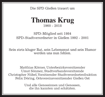 Traueranzeige von Thomas Krug von Giessener Allgemeine, Alsfelder Allgemeine