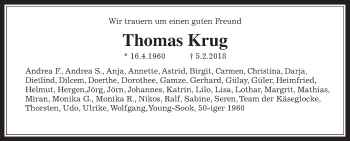 Traueranzeige von Thomas Krug von Giessener Allgemeine, Alsfelder Allgemeine