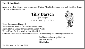 Traueranzeige von Tilly Barsch von Giessener Allgemeine, Alsfelder Allgemeine