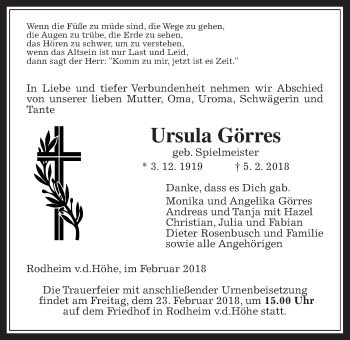 Traueranzeige von Ursula Görres von Wetterauer Zeitung, Wetterauer Zeitung