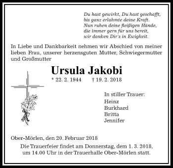 Traueranzeige von Ursula Jakobi von Wetterauer Zeitung, Wetterauer Zeitung