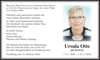 Traueranzeige von Ursula Otte von Wetterauer Zeitung, Wetterauer Zeitung