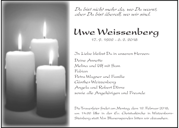 Traueranzeige von Uwe Weissenberg von Giessener Allgemeine, Alsfelder Allgemeine