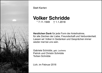 Traueranzeige von Volker Schridde von Licher Wochenblatt, Licher Wochenblatt, Licher Wochenblatt