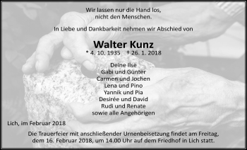 Traueranzeige von Walter Kunz von Licher Wochenblatt, Licher Wochenblatt, Licher Wochenblatt