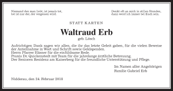Traueranzeige von Waltraud Erb von Wetterauer Zeitung, Wetterauer Zeitung