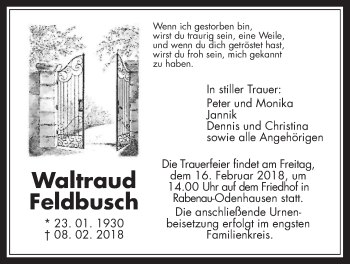 Traueranzeige von Waltraud Feldbusch von Giessener Allgemeine, Alsfelder Allgemeine