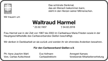 Traueranzeige von Waltraud Harmel von Giessener Allgemeine, Alsfelder Allgemeine
