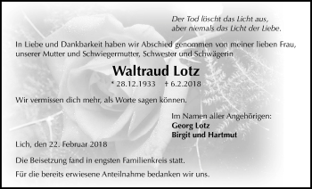 Traueranzeige von Waltraud Lotz von Licher Wochenblatt, Licher Wochenblatt, Licher Wochenblatt