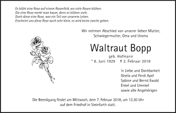 Traueranzeige von Waltraut Bopp von Wetterauer Zeitung, Wetterauer Zeitung