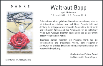 Traueranzeige von Waltraut Bopp von Wetterauer Zeitung, Wetterauer Zeitung