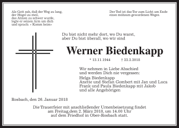 Traueranzeige von Werner Biedenkapp von Wetterauer Zeitung, Wetterauer Zeitung