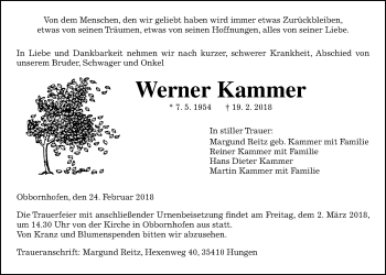 Traueranzeige von Werner Kammer von Giessener Allgemeine, Alsfelder Allgemeine, Wetterauer Zeitung, Wetterauer Zeitung