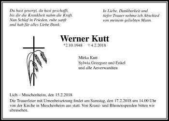 Traueranzeige von Werner Kutt von Licher Wochenblatt, Licher Wochenblatt, Licher Wochenblatt