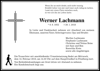 Traueranzeige von Werner Lachmann von Wetterauer Zeitung, Wetterauer Zeitung