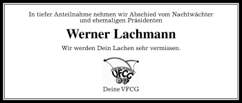 Traueranzeige von Werner Lachmann von Wetterauer Zeitung, Wetterauer Zeitung