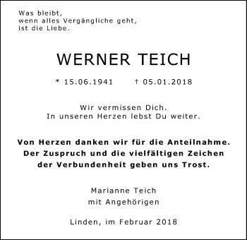 Traueranzeige von Werner Teich von Giessener Allgemeine, Alsfelder Allgemeine