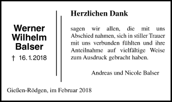 Traueranzeige von Werner Wilhelm Balser von Giessener Allgemeine, Alsfelder Allgemeine