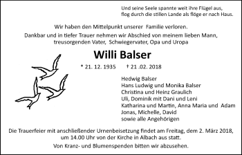 Traueranzeige von Willi Balser von Giessener Allgemeine, Alsfelder Allgemeine