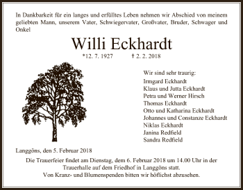 Traueranzeige von Willi Eckhardt von Giessener Allgemeine, Alsfelder Allgemeine