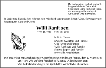 Traueranzeige von Willi Ranft von Giessener Allgemeine, Alsfelder Allgemeine