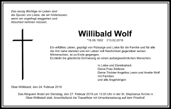 Traueranzeige von Willibald Wolf von Wetterauer Zeitung, Wetterauer Zeitung