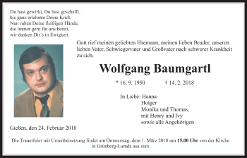 Traueranzeige von Wolfgang Baumgartl von Giessener Allgemeine, Alsfelder Allgemeine