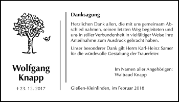 Traueranzeige von Wolfgang Knapp von Giessener Allgemeine, Alsfelder Allgemeine
