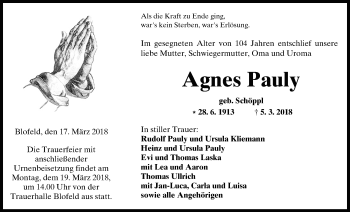 Traueranzeige von Agnes Pauly von Wetterauer Zeitung, Wetterauer Zeitung
