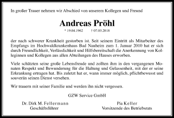 Traueranzeige von Andreas Pröhl von Wetterauer Zeitung, Wetterauer Zeitung