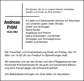 Traueranzeige von Andreas Pröhl von Wetterauer Zeitung, Wetterauer Zeitung