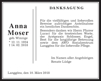 Traueranzeige von Anna Moser von Giessener Allgemeine, Alsfelder Allgemeine