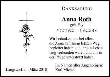 Traueranzeige von Anna Roth von Licher Wochenblatt, Licher Wochenblatt, Licher Wochenblatt