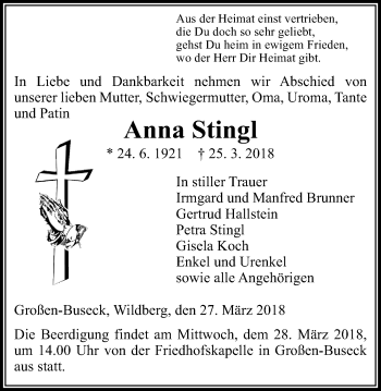 Traueranzeige von Anna Stingl von Giessener Allgemeine, Alsfelder Allgemeine