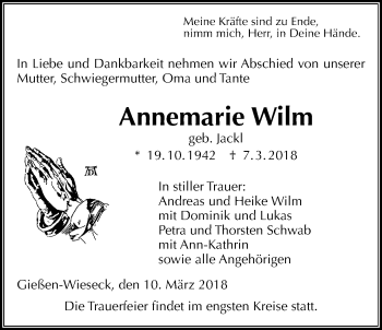 Traueranzeige von Annemarie Wilm von Giessener Allgemeine, Alsfelder Allgemeine