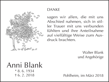 Traueranzeige von Anni Blank von Giessener Allgemeine, Alsfelder Allgemeine