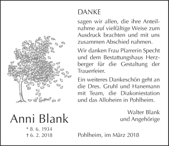 Traueranzeige von Anni Blank von Pohlheimer Nachrichten