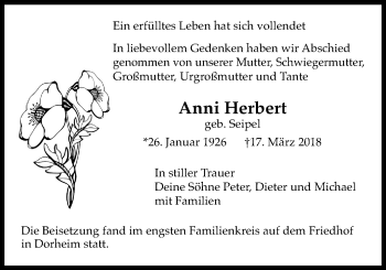 Traueranzeige von Anni Herbert von Wetterauer Zeitung, Wetterauer Zeitung
