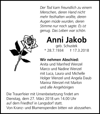 Traueranzeige von Anni Jakkob von Licher Wochenblatt, Licher Wochenblatt, Licher Wochenblatt