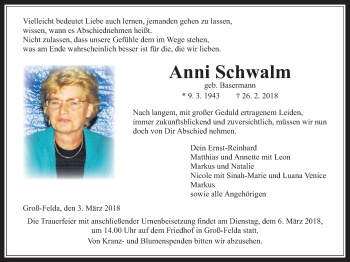 Traueranzeige von Anni Schwalm von Alsfelder Allgemeine
