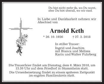 Traueranzeige von Arnold Keth von Wetterauer Zeitung, Wetterauer Zeitung