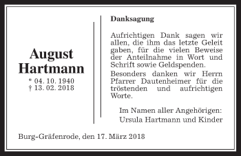 Traueranzeige von August Hartmann von Wetterauer Zeitung, Wetterauer Zeitung