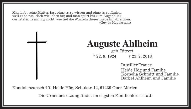  Traueranzeige für Auguste Ahlheim vom 05.03.2018 aus Wetterauer Zeitung, Wetterauer Zeitung