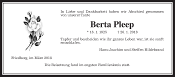 Traueranzeige von Berta Pleep von Wetterauer Zeitung, Wetterauer Zeitung