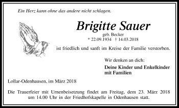 Traueranzeige von Brigitte Sauer von Giessener Allgemeine, Alsfelder Allgemeine