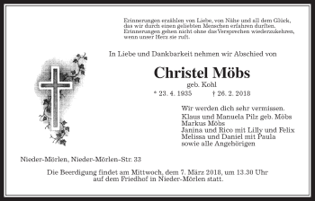 Traueranzeige von Christel Möbs von Wetterauer Zeitung, Wetterauer Zeitung