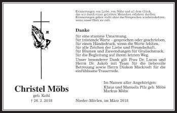 Traueranzeige von Christel Möbs von Wetterauer Zeitung, Wetterauer Zeitung