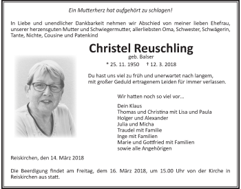 Traueranzeige von Christel Reuschling von Giessener Allgemeine, Alsfelder Allgemeine