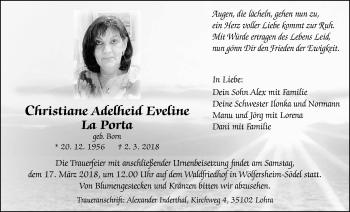 Traueranzeige von Christiane Adelheid Eveline La Porta von Wetterauer Zeitung, Wetterauer Zeitung