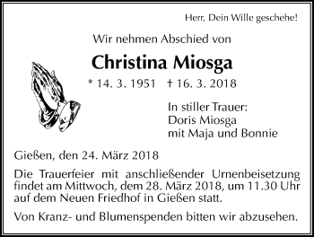Traueranzeige von Christina Miosga von Giessener Allgemeine, Alsfelder Allgemeine